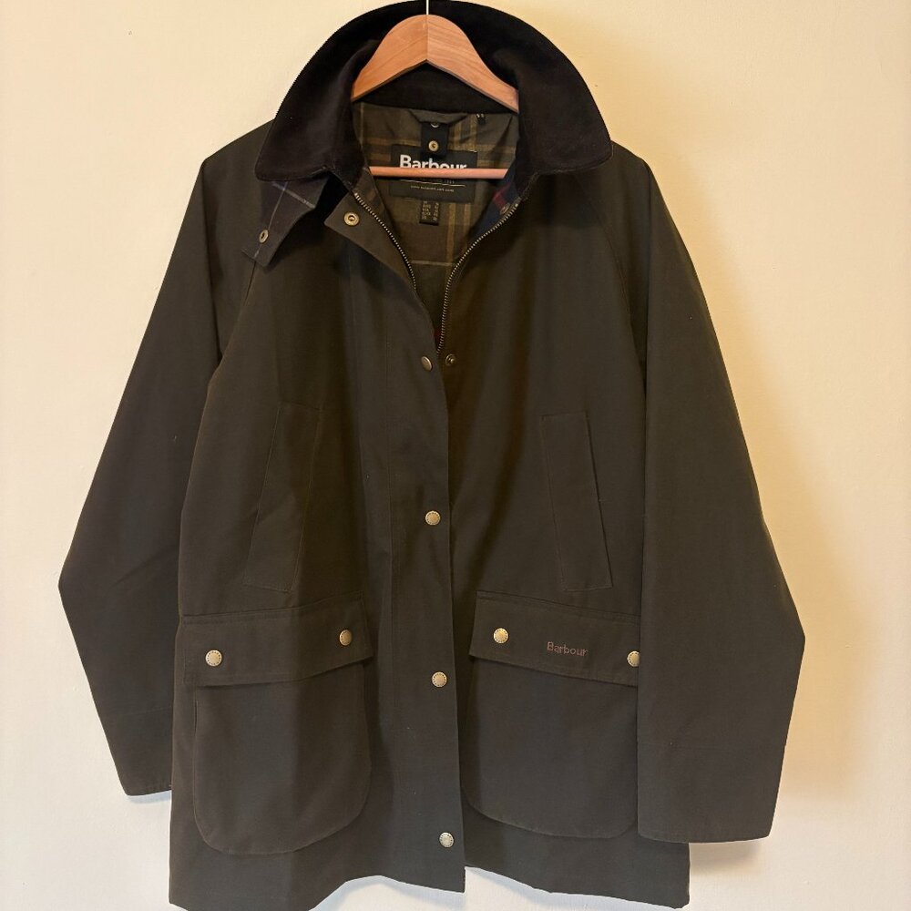 Barbour Olive Green Waxed Cotton Jacket with Black Corduroy Collar